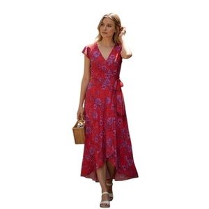 Band Of The Free High-Low Red and Magenta Floral Wrap Dress